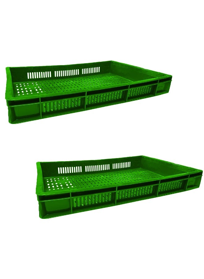2pcs of Plastic Storage Catering Ventilated Crate Box 600×400×80 mm 19L Stackable Heavy Duty Reinforced Walls Anti-Slip Base for Home Industrial Commercial Delivery - Green